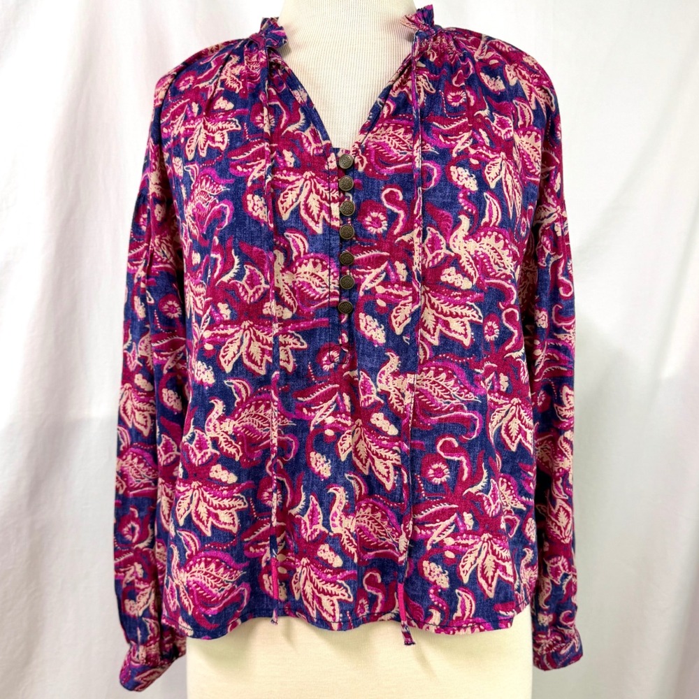 PILCRO ANTHROPOLOGIE Lucille Peasant Blouse Top XS Pink Floral Boho Puff Sleeve